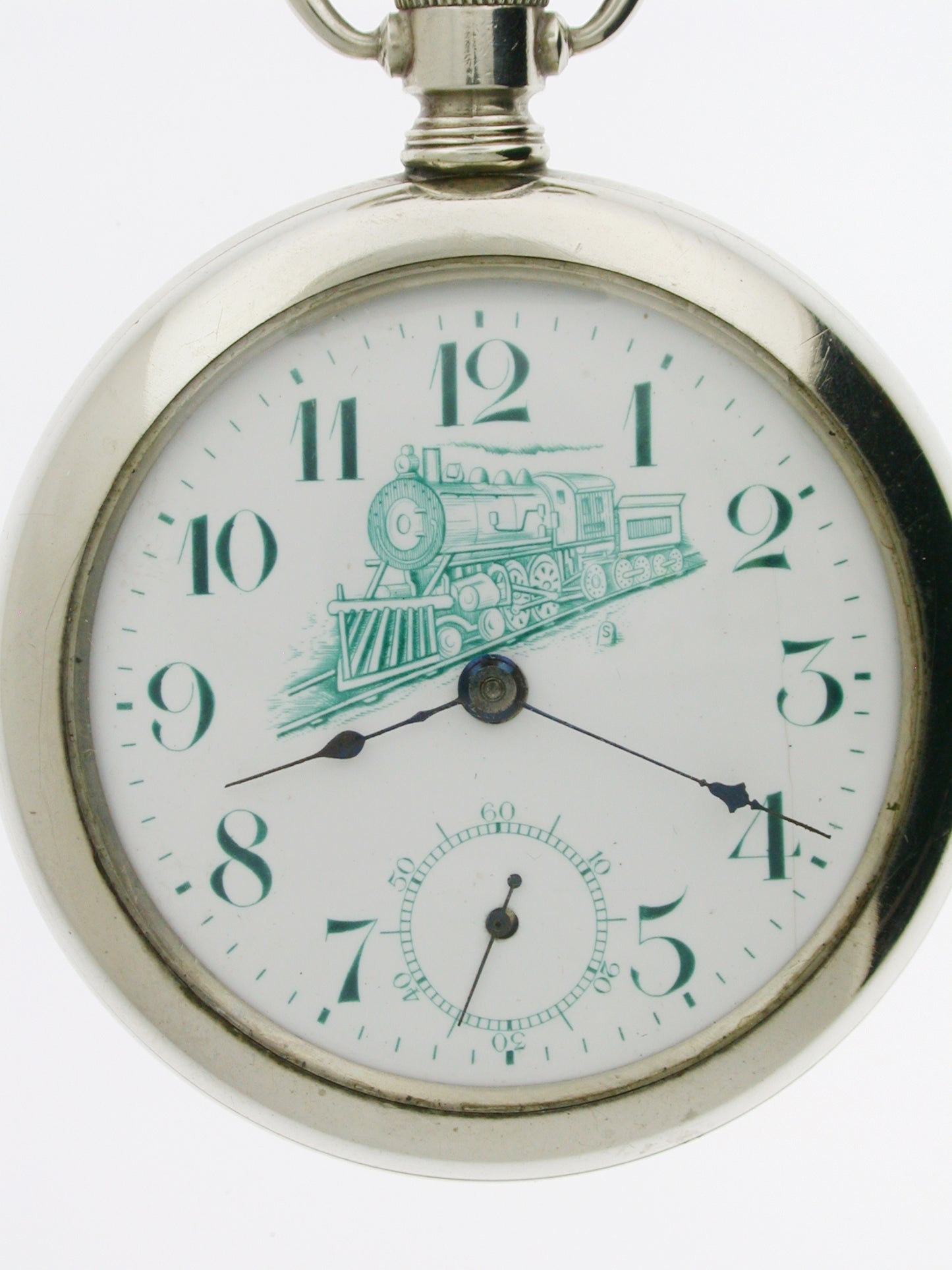 Rare Nickel Railway Pocket Watch With Locomotive on Dial