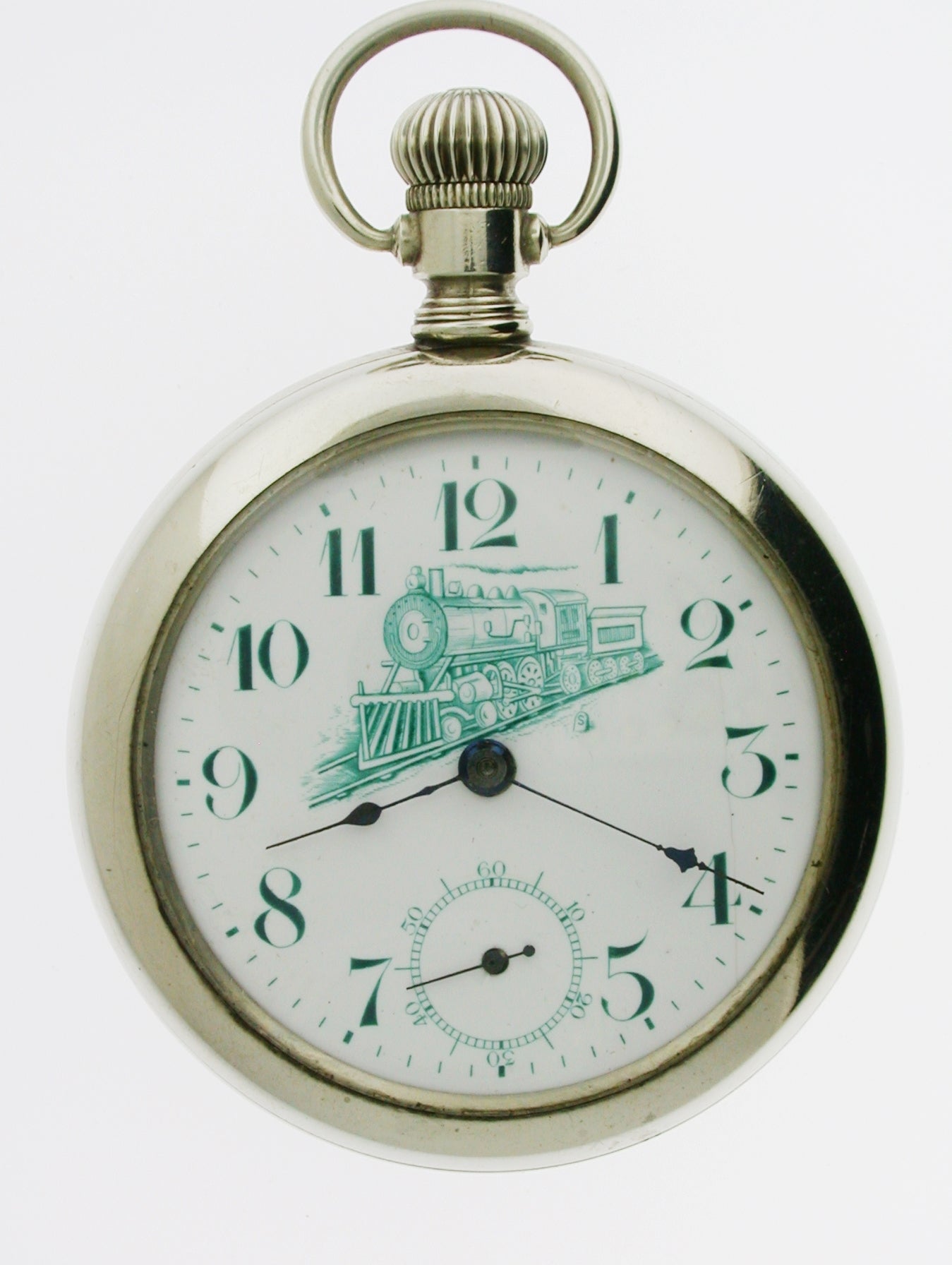 Rare Nickel Railway Pocket Watch With Locomotive on Dial