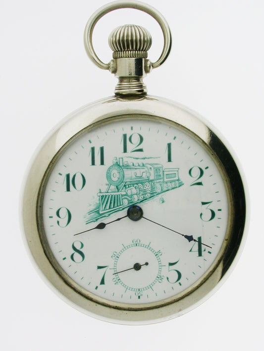 Rare Nickel Railway Pocket Watch With Locomotive on Dial