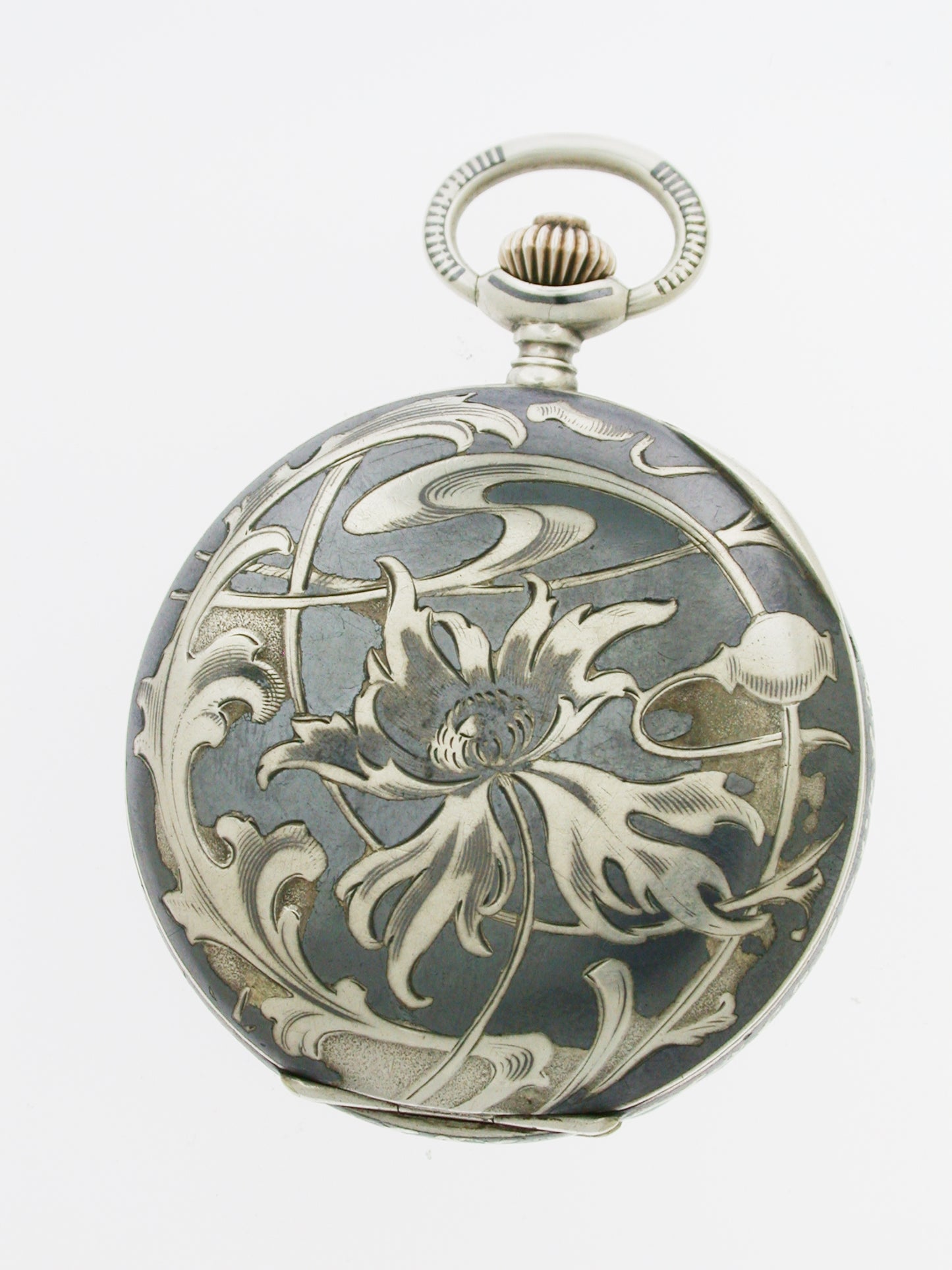 Silver Full Hunter Niello* Pocket Watch with matching chain