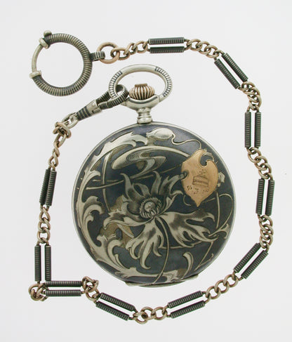 Silver Full Hunter Niello* Pocket Watch with matching chain