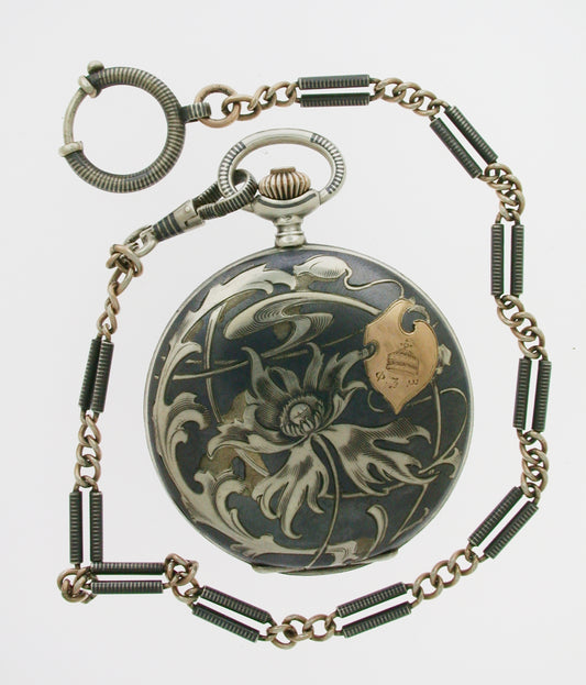 Silver Full Hunter Niello* Pocket Watch with matching chain