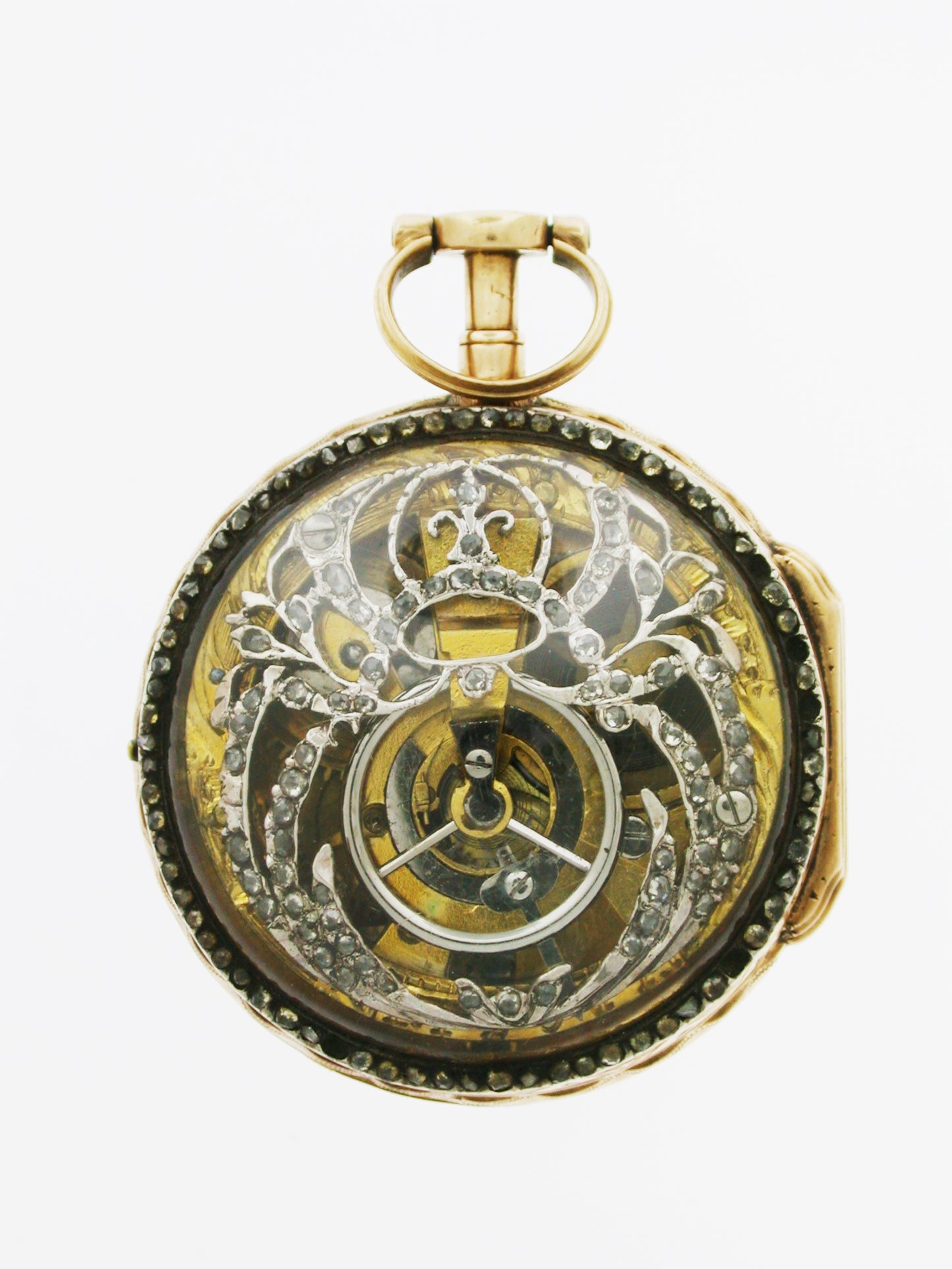 Gold Open-Face Pocket Watch with a diamond embellished Skeleton Movement - Made in Switzerland, circa 1850