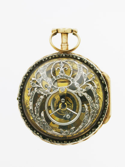 Gold Open-Face Pocket Watch with a diamond embellished Skeleton Movement - Made in Switzerland, circa 1850