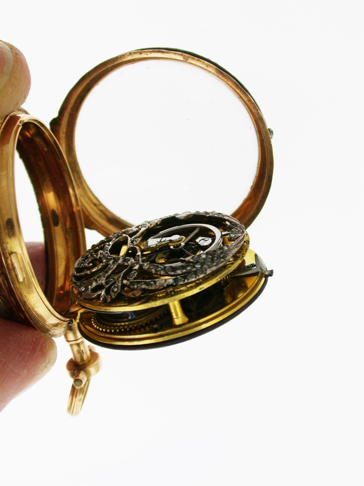 Gold Open-Face Pocket Watch with a diamond embellished Skeleton Movement - Made in Switzerland, circa 1850