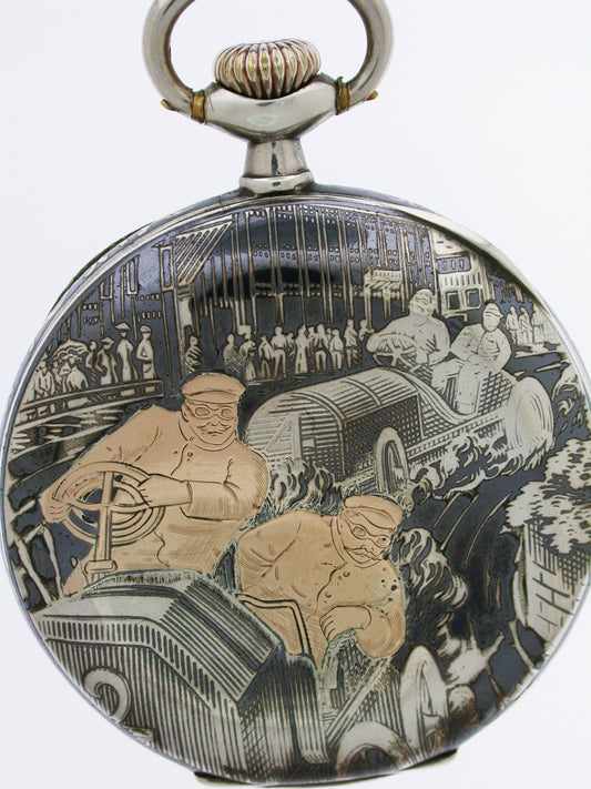 Silver 0.900 Omega Niello Racing Motif c1918