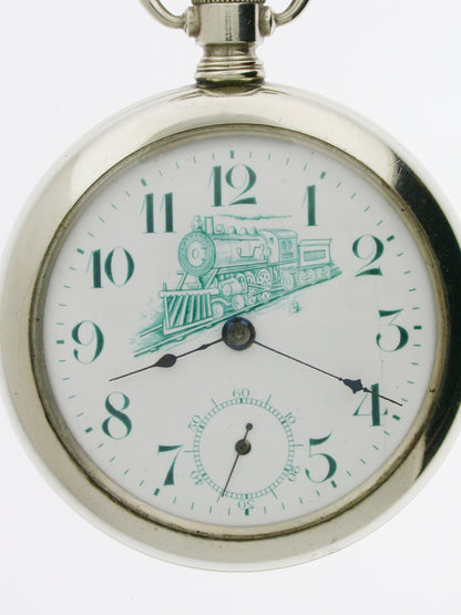 Rare Nickel Railway Pocket Watch With Locomotive on Dial